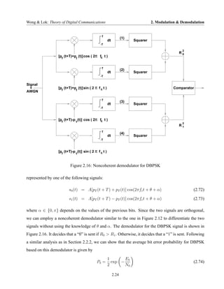 Wong & Lok: Theory of Digital Communications                                       2. Modulation & Demodulation


                                                T
                                                                   (1)
                                                       dt                Squarer
                                               -T

                                                                                                   2
                                                                                                 R0
                   [pT (t+T)+p (t)] cos ( 2π fc t )
                              T


                                                T
                                                                   (2)
                                                       dt                Squarer
                                               -T


Signal
  +                [p (t+T)+p (t)] sin ( 2 π f c t )                                          Comparator
                     T        T
AWGN

                                                T
                                                                   (3)
                                                       dt                Squarer
                                               -T



                   [pT (t+T)-p (t)] cos ( 2π fc t )
                              T
                                                                                                   2
                                                                                                 R1
                                                T
                                                                   (4)
                                                       dt                Squarer
                                               -T



                   [p (t+T)-p (t)] sin ( 2 π f c t )
                     T       T



                           Figure 2.16: Noncoherent demodulator for DBPSK

represented by one of the following signals:

                          s0 (t) = A[pT (t + T ) + pT (t)] cos(2πfc t + θ + α)                           (2.72)

                          s1 (t) = A[pT (t + T ) − pT (t)] cos(2πfc t + θ + α)                           (2.73)

where α ∈ {0, π} depends on the values of the previous bits. Since the two signals are orthogonal,
we can employ a noncoherent demodulator similar to the one in Figure 2.12 to differentiate the two
signals without using the knowledge of θ and α. The demodulator for the DBPSK signal is shown in
Figure 2.16. It decides that a “0” is sent if R0 > R1 . Otherwise, it decides that a “1” is sent. Following
a similar analysis as in Section 2.2.2, we can show that the average bit error probability for DBPSK
based on this demodulator is given by

                                                       1       Eb
                                             Pb =        exp −                                           (2.74)
                                                       2       N0

                                                            2.24
 