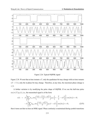 Wong & Lok: Theory of Digital Communications                                  2. Modulation & Demodulation


 1
 0
−1
     0     100       200          300          400      500      600       700      800      900      1000
 1
 0
−1
     0     100       200          300          400      500      600       700      800      900      1000
 1
 0
−1
     0     100       200          300          400      500      600       700      800      900      1000
 1
 0
−1
     0     100       200          300          400      500      600       700      800      900      1000
 1
 0
−1
     0     100       200          300          400      500      600       700      800      900      1000


                                     Figure 2.24: Typical OQPSK signal

Figure 2.24. W note that at time instants nT , only the quadrature bit may change while at time instants
nT + T /2, only the in-phase bit may change. Therefore, at any time, the maximum phase change is
π/2.
     A further variation is by modifying the pulse shape of OQPSK. If we use the half-sine pulse
sin(πt/T )pT (t), i.e., the transmitted signal is of the form

                                            π(t − T /2 − nT )             T
         s(t) = A            bI,n sin                           pT   t−     − nT    cos(2πfc t + θ)
                         n
                                                    T                     2
                                              π(t − nT )
                    −A           bQ,n sin                  pT (t − nT ) sin(2πfc t + θ),              (2.87)
                             n
                                                  T

then it turns out that we have an MSK signal. Phase continuity is maintained during symbol transitions

                                                        2.31
 