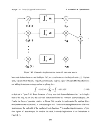 Wong & Lok: Theory of Digital Communications                                             2. Modulation & Demodulation


                                                  T
                                                         dt
                                                  0


                   φ1 ( t )                                                            s i,1
                                                  T
                                                         dt
                                                  0


                  φ2(t)                                                                s i,2             Σ
                     .
                     .
                     .
                                                  T
                                                         dt
                                                  0


                  φN ( t )                                                             s i,N

                Figure 2.43: Alternative implementation for the ith correlator branch

branch of the correlator receiver in Figure 2.42, we correlate the received signal with si (t). Equiva-
lently, we can obtain the same output by correlating the received signal with each of the basis functions
and adding the outputs with appropriate weighting since
                                    T                    N                T
                                        r(t)si (t)dt =         si,k           r(t)φk (t)dt                    (2.189)
                                0                        k=1          0

as depicted in Figure 2.43. Since the output of every branch of the correlation receiver can be imple-
mented this way, we can have the equivalent implementation for the correlator receiver in Figure 2.44.
Finally, the form of correlator receiver in Figure 2.44 can also be implemented by matched £lters
(matched to the basis functions) as shown in Figure 2.45. Notice that the implementations with basis
functions may be preferable if the number of basis functions N is smaller than the number of pos-
sible signals M . For example, the receiver for MPSK is usually implemented in the from shown in
Figure 2.46.

                                                         2.63
 