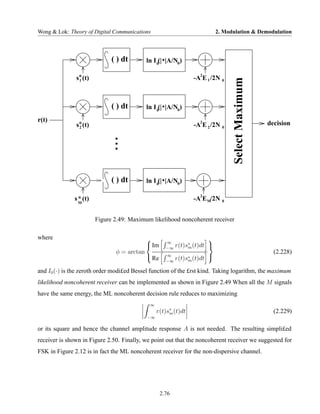 Wong & Lok: Theory of Digital Communications                               2. Modulation & Demodulation



                              ( ) dt        ln I 0(| |A/N0)

                                                                   2
               s* (t)                                           -A E 1 /2N 0




                                                                                 Select Maximum
                1




                              ( ) dt        ln I 0(| |A/N0)
r(t)
               s* (t)
                                                                   2
                                                                -A E 2 /2N 0                      decision
                2




                              ( ) dt        ln I 0(| |A/N0)

                                                                   2
              s * (t)                                           -A E M/2N 0
                M



                        Figure 2.49: Maximum likelihood noncoherent receiver

where                                               ∞
                                                                       
                                             Im     −∞
                                                          r(t)s∗ (t)dt 
                                                               m
                               φ = arctan                                                           (2.228)
                                             Re     ∞
                                                          r(t)s∗ (t)dt 
                                                     −∞        m

and I0 (·) is the zeroth order modi£ed Bessel function of the £rst kind. Taking logarithm, the maximum
likelihood noncoherent receiver can be implemented as shown in Figure 2.49 When all the M signals
have the same energy, the ML noncoherent decision rule reduces to maximizing
                                             ∞
                                                 r(t)s∗ (t)dt
                                                      m                                             (2.229)
                                            −∞

or its square and hence the channel amplitude response A is not needed. The resulting simpli£ed
receiver is shown in Figure 2.50. Finally, we point out that the noncoherent receiver we suggested for
FSK in Figure 2.12 is in fact the ML noncoherent receiver for the non-dispersive channel.




                                                   2.76
 