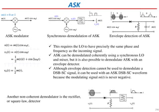 ASK
ASK modulator Synchronous demodulation of ASK Envelope detection of ASK
m(t) = 0 or 1 ( )v t
1( )v t
( )ov t
This requires the LO to have precisely the same phase and
frequency as the incoming signal.
ASK can be demodulated coherently using a synchronous LO
and mixer, but it is also possible to demodulate ASK with an
envelope detector.
Although envelope detection cannot be used to demodulate a
DSB-SC signal, it can be used with an ASK DSB-SC waveform
because the modulating signal m(t) is never negative.
Another non-coherent demodulator is the rectifier,
or square-law, detector
296
 