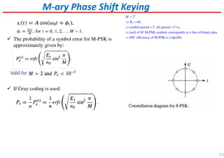M-ary Phase Shift Keying
2
symbol period , bit period / ,
each of M-PSK symbols corresponds to bits of binary data.
efficiency of M-PSK is bps/Hz.
n
b s
M
R nR
T T n
M n
BW n
=
⇒ =
⇒ = =
⇒
⇒
The probability of a symbol error for M-PSK is
approximately given by:
If Gray coding is used:
313
 