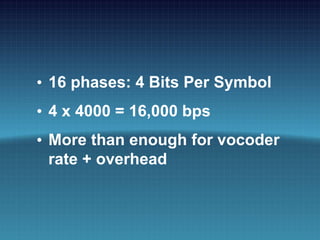 16 PSK 16000 BPS
• 16 phases: 4 Bits Per Symbol
• 4 x 4000 = 16,000 bps
• More than enough for vocoder
rate + overhead
 