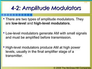 © 2008 The McGraw-Hill Companies
11
4-2: Amplitude Modulators4-2: Amplitude Modulators
 There are two types of amplitude modulators. They
are low-level and high-level modulators.
 Low-level modulators generate AM with small signals
and must be amplified before transmission.
 High-level modulators produce AM at high power
levels, usually in the final amplifier stage of a
transmitter.
 