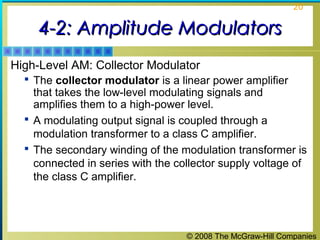 © 2008 The McGraw-Hill Companies
20
4-2: Amplitude Modulators4-2: Amplitude Modulators
High-Level AM: Collector Modulator
 The collector modulator is a linear power amplifier
that takes the low-level modulating signals and
amplifies them to a high-power level.
 A modulating output signal is coupled through a
modulation transformer to a class C amplifier.
 The secondary winding of the modulation transformer is
connected in series with the collector supply voltage of
the class C amplifier.
 