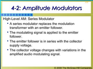 © 2008 The McGraw-Hill Companies
23
4-2: Amplitude Modulators4-2: Amplitude Modulators
High-Level AM: Series Modulator
 A series modulator replaces the modulation
transformer with an emitter follower.
 The modulating signal is applied to the emitter
follower.
 The emitter follower is in series with the collector
supply voltage.
 The collector voltage changes with variations in the
amplified audio modulating signal.
 