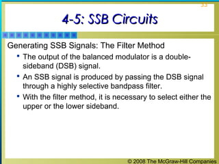 © 2008 The McGraw-Hill Companies
33
4-5: SSB Circuits4-5: SSB Circuits
Generating SSB Signals: The Filter Method
 The output of the balanced modulator is a double-
sideband (DSB) signal.
 An SSB signal is produced by passing the DSB signal
through a highly selective bandpass filter.
 With the filter method, it is necessary to select either the
upper or the lower sideband.
 