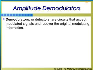 © 2008 The McGraw-Hill Companies
39
Amplitude DemodulatorsAmplitude Demodulators
 Demodulators, or detectors, are circuits that accept
modulated signals and recover the original modulating
information.
 