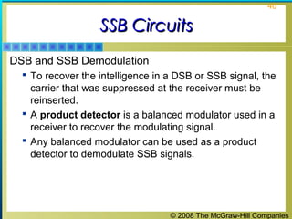 © 2008 The McGraw-Hill Companies
40
SSB CircuitsSSB Circuits
DSB and SSB Demodulation
 To recover the intelligence in a DSB or SSB signal, the
carrier that was suppressed at the receiver must be
reinserted.
 A product detector is a balanced modulator used in a
receiver to recover the modulating signal.
 Any balanced modulator can be used as a product
detector to demodulate SSB signals.
 