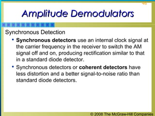 © 2008 The McGraw-Hill Companies
46
Amplitude DemodulatorsAmplitude Demodulators
Synchronous Detection
 Synchronous detectors use an internal clock signal at
the carrier frequency in the receiver to switch the AM
signal off and on, producing rectification similar to that
in a standard diode detector.
 Synchronous detectors or coherent detectors have
less distortion and a better signal-to-noise ratio than
standard diode detectors.
 