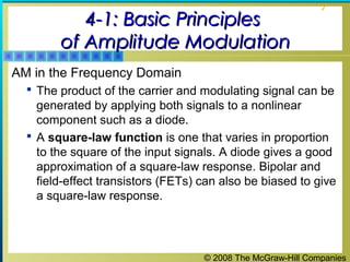 © 2008 The McGraw-Hill Companies
7
4-1: Basic Principles4-1: Basic Principles
of Amplitude Modulationof Amplitude Modulation
AM in the Frequency Domain
 The product of the carrier and modulating signal can be
generated by applying both signals to a nonlinear
component such as a diode.
 A square-law function is one that varies in proportion
to the square of the input signals. A diode gives a good
approximation of a square-law response. Bipolar and
field-effect transistors (FETs) can also be biased to give
a square-law response.
 