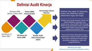 Insert Image
Perban BPKP
Nomor 8/2021
Standar Audit
Intern Pemerintah
(2021)
UU Nomor 15
Tahun 2004
Peraturan BPK
Nomor 1 Tahun 2007
PP Nomor 60
Tahun 2008
Penilaian atas aspek 3 E (ekonomis,
efisien, dan efektivitas) dalam
pelaksanaan tugas dan fungsi
Penilaian atas aspek ekonomis, efisien, dan
efektif difokuskan terhadap area
pengawasan yang memiliki risiko tertinggi
dalam upaya pencapaian tujuan organisasi
yang terpilih dalam proses perencanaan
pengawasan berbasis risiko
Hasil audit kinerja diharapkan dapat
memberikan manfaat dalam perbaikan
tata kelola organisasi termasuk juga
perbaikan pengelolaan risiko dan
pengendaliannya
Permendagri Jakwas
Tahunan
Definisi Audit Kinerja
PED-09/D3/04/2020
Pedoman Umum Audit Kinerja Berbasis Risiko
 