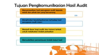 Tujuan Pengkomunikasian Hasil Audit
LHA
Menyampaikan hasil penugasan audit kepada
aduiti dan pihak lain yang berwenang
Menghindari kesalahpahaman terhadap hasil
penugasan audit intern
Menjadi dasar bagi auditi dan instansi terkait
untuk melakukan tindak perbaikan
Memudahkan pemantauan tindak lanjut hasil
 