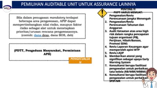 PEMILIHAN AUDITABLE UNIT UNTUK ASSURANCE LAINNYA
Bila dalam penugasan mandatory terdapat
beberapa area pengawasan, APIP dapat
mempertimbangkan nilai risiko, maupun faktor
risiko sebagai alat untuk menetapkan
prioritas/urusan rencana pengawasannya.
(contoh: dana desa, dana BOS, dsb)
PENTING !!!
PKPT HARUS MEMUAT:
1. Pengawalan/Reviu
Perencanaan Jangka Menengah
2. Pengawalan/Reviu
Perencanaan Tahunan dan
Anggaran
3. Audit Ketaatan atas area high
risk dalam rangka pencapaian
tujuan organisasi (PBJ,
Perijinan, Hibah/Bansos,
Promosi SDM)
4. Reviu Laporan Keuangan agar
memperoleh opini WTP
5. Reviu LKJiP
6. Memberikan atensi yang
signifikan sebagai upaya Early
Warning System
7. Konsultansi berupa fasilitasi
pengawalan untuk perbaikan
tata kelola (RB/WBK/WBBM)
8. Konsultansi berupa fasilitasi
pengawalan untuk perbaikan
SPIP/MR
(PDTT, Pengaduan Masyarakat, Permintaan
APH)
PENGECUALIA
N
 