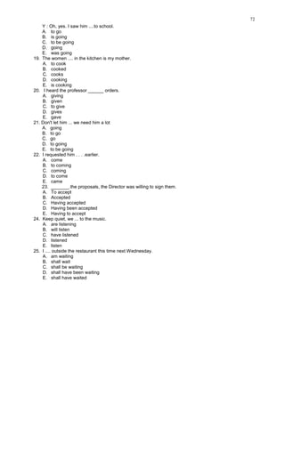 72
Y : Oh, yes. I saw him ....to school.
A. to go
B. is going
C. to be going
D. going
E. was going
19. The women .... in the kitchen is my mother.
A. to cook
B. cooked
C. cooks
D. cooking
E. is cooking
20. I heard the professor ______ orders.
A. giving
B. given
C. to give
D. gives
E. gave
21. Don't let him ... we need him a lot
A. going
B. to go
C. go
D. to going
E. to be going
22. I requested him . . . .earlier.
A. come
B. to coming
C. coming
D. to come
E. came
23. _______.the proposals, the Director was willing to sign them.
A. To accept
B. Accepted
C. Having accepted
D. Having been accepted
E. Having to accept
24. Keep quiet, we ... to the music.
A. are listening
B. will listen
C. have listened
D. listened
E. listen
25. I .... outside the restaurant this time next Wednesday.
A. am waiting
B. shall wait
C. shall be waiting
D. shall have been waiting
E. shall have waited
 