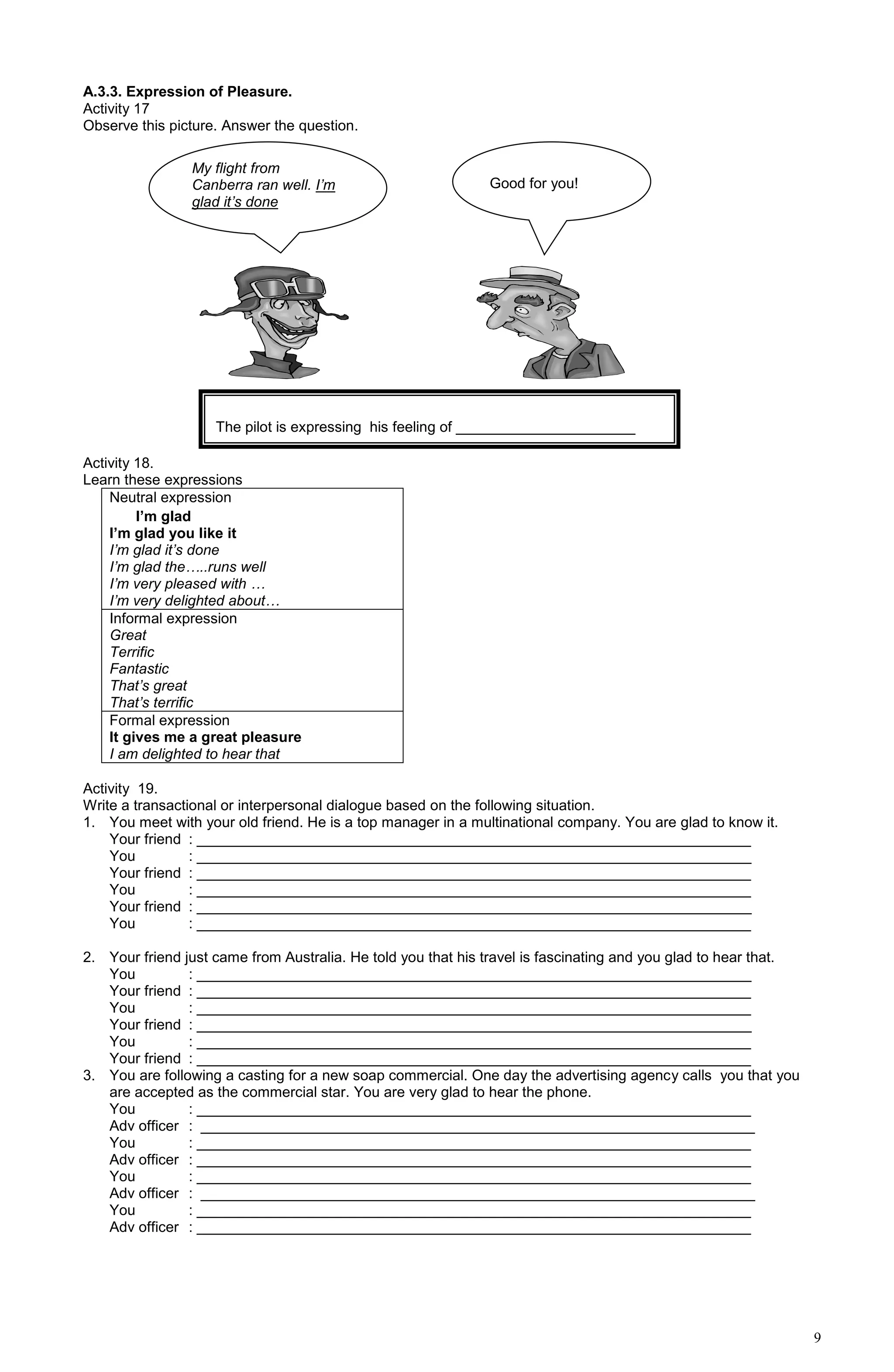 9
A.3.3. Expression of Pleasure.
Activity 17
Observe this picture. Answer the question.
Activity 18.
Learn these expressions
Neutral expression
I’m glad
I’m glad you like it
I’m glad it’s done
I’m glad the…..runs well
I’m very pleased with …
I’m very delighted about…
Informal expression
Great
Terrific
Fantastic
That’s great
That’s terrific
Formal expression
It gives me a great pleasure
I am delighted to hear that
Activity 19.
Write a transactional or interpersonal dialogue based on the following situation.
1. You meet with your old friend. He is a top manager in a multinational company. You are glad to know it.
Your friend : ____________________________________________________________________
You : ____________________________________________________________________
Your friend : ____________________________________________________________________
You : ____________________________________________________________________
Your friend : ____________________________________________________________________
You : ____________________________________________________________________
2. Your friend just came from Australia. He told you that his travel is fascinating and you glad to hear that.
You : ____________________________________________________________________
Your friend : ____________________________________________________________________
You : ____________________________________________________________________
Your friend : ____________________________________________________________________
You : ____________________________________________________________________
Your friend : ____________________________________________________________________
3. You are following a casting for a new soap commercial. One day the advertising agency calls you that you
are accepted as the commercial star. You are very glad to hear the phone.
You : ____________________________________________________________________
Adv officer : ____________________________________________________________________
You : ____________________________________________________________________
Adv officer : ____________________________________________________________________
You : ____________________________________________________________________
Adv officer : ____________________________________________________________________
You : ____________________________________________________________________
Adv officer : ____________________________________________________________________
My flight from
Canberra ran well. I’m
glad it’s done
Good for you!
The pilot is expressing his feeling of ______________________
 