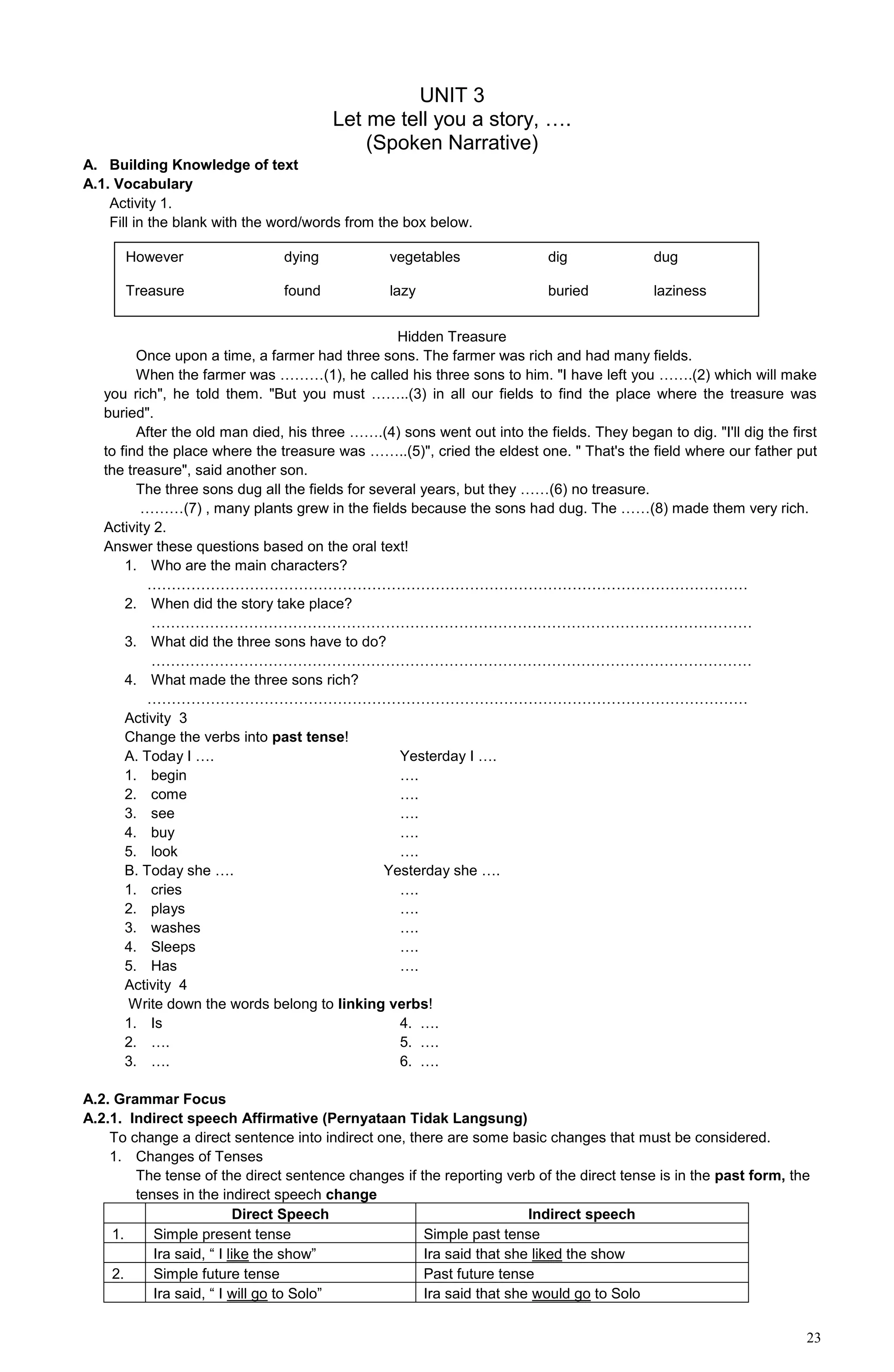 23
UNIT 3
Let me tell you a story, ….
(Spoken Narrative)
A. Building Knowledge of text
A.1. Vocabulary
Activity 1.
Fill in the blank with the word/words from the box below.
Hidden Treasure
Once upon a time, a farmer had three sons. The farmer was rich and had many fields.
When the farmer was ………(1), he called his three sons to him. "I have left you …….(2) which will make
you rich", he told them. "But you must ……..(3) in all our fields to find the place where the treasure was
buried".
After the old man died, his three …….(4) sons went out into the fields. They began to dig. "I'll dig the first
to find the place where the treasure was ……..(5)", cried the eldest one. " That's the field where our father put
the treasure", said another son.
The three sons dug all the fields for several years, but they ……(6) no treasure.
………(7) , many plants grew in the fields because the sons had dug. The ……(8) made them very rich.
Activity 2.
Answer these questions based on the oral text!
1. Who are the main characters?
……………………………………………………………………………………………………………
2. When did the story take place?
……………………………………………………………………………………………………………
3. What did the three sons have to do?
……………………………………………………………………………………………………………
4. What made the three sons rich?
……………………………………………………………………………………………………………
Activity 3
Change the verbs into past tense!
A. Today I …. Yesterday I ….
1. begin ….
2. come ….
3. see ….
4. buy ….
5. look ….
B. Today she …. Yesterday she ….
1. cries ….
2. plays ….
3. washes ….
4. Sleeps ….
5. Has ….
Activity 4
Write down the words belong to linking verbs!
1. Is 4. ….
2. …. 5. ….
3. …. 6. ….
A.2. Grammar Focus
A.2.1. Indirect speech Affirmative (Pernyataan Tidak Langsung)
To change a direct sentence into indirect one, there are some basic changes that must be considered.
1. Changes of Tenses
The tense of the direct sentence changes if the reporting verb of the direct tense is in the past form, the
tenses in the indirect speech change
Direct Speech Indirect speech
1. Simple present tense Simple past tense
Ira said, “ I like the show” Ira said that she liked the show
2. Simple future tense Past future tense
Ira said, “ I will go to Solo” Ira said that she would go to Solo
However dying vegetables dig dug
Treasure found lazy buried laziness
 