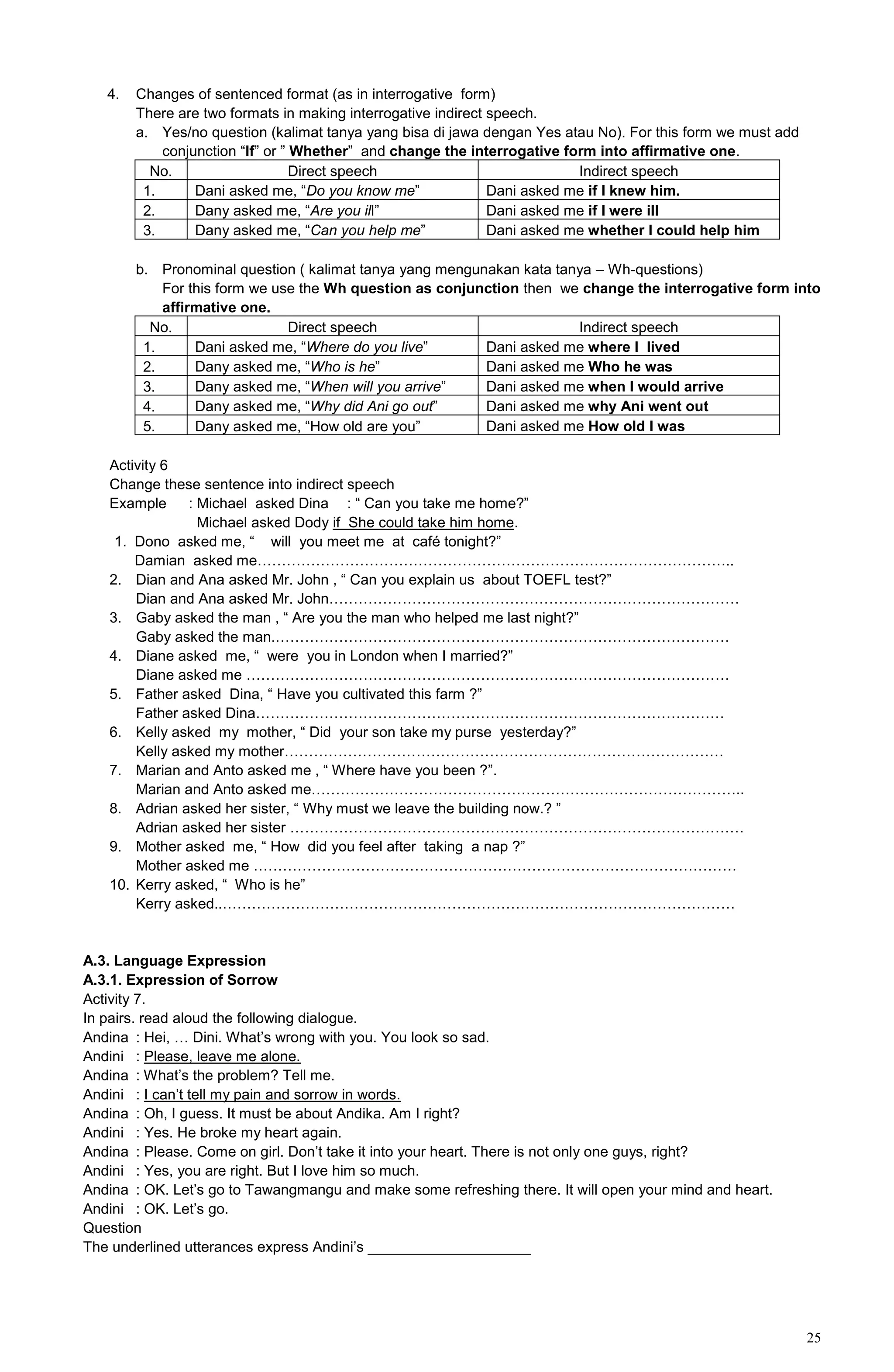 25
4. Changes of sentenced format (as in interrogative form)
There are two formats in making interrogative indirect speech.
a. Yes/no question (kalimat tanya yang bisa di jawa dengan Yes atau No). For this form we must add
conjunction “If” or ” Whether” and change the interrogative form into affirmative one.
No. Direct speech Indirect speech
1. Dani asked me, “Do you know me” Dani asked me if I knew him.
2. Dany asked me, “Are you ill” Dani asked me if I were ill
3. Dany asked me, “Can you help me” Dani asked me whether I could help him
b. Pronominal question ( kalimat tanya yang mengunakan kata tanya – Wh-questions)
For this form we use the Wh question as conjunction then we change the interrogative form into
affirmative one.
No. Direct speech Indirect speech
1. Dani asked me, “Where do you live” Dani asked me where I lived
2. Dany asked me, “Who is he” Dani asked me Who he was
3. Dany asked me, “When will you arrive” Dani asked me when I would arrive
4. Dany asked me, “Why did Ani go out” Dani asked me why Ani went out
5. Dany asked me, “How old are you” Dani asked me How old I was
Activity 6
Change these sentence into indirect speech
Example : Michael asked Dina : “ Can you take me home?”
Michael asked Dody if She could take him home.
1. Dono asked me, “ will you meet me at café tonight?”
Damian asked me……………………………………………………………………………………..
2. Dian and Ana asked Mr. John , “ Can you explain us about TOEFL test?”
Dian and Ana asked Mr. John…………………………………………………………………………
3. Gaby asked the man , “ Are you the man who helped me last night?”
Gaby asked the man.…………………………………………………………………………………
4. Diane asked me, “ were you in London when I married?”
Diane asked me ………………………………………………………………………………………
5. Father asked Dina, “ Have you cultivated this farm ?”
Father asked Dina……………………………………………………………………………………
6. Kelly asked my mother, “ Did your son take my purse yesterday?”
Kelly asked my mother………………………………………………………………………………
7. Marian and Anto asked me , “ Where have you been ?”.
Marian and Anto asked me……………………………………………………………………………..
8. Adrian asked her sister, “ Why must we leave the building now.? ”
Adrian asked her sister …………………………………………………………………………………
9. Mother asked me, “ How did you feel after taking a nap ?”
Mother asked me ………………………………………………………………………………………
10. Kerry asked, “ Who is he”
Kerry asked..……………………………………………………………………………………………
A.3. Language Expression
A.3.1. Expression of Sorrow
Activity 7.
In pairs. read aloud the following dialogue.
Andina : Hei, … Dini. What’s wrong with you. You look so sad.
Andini : Please, leave me alone.
Andina : What’s the problem? Tell me.
Andini : I can’t tell my pain and sorrow in words.
Andina : Oh, I guess. It must be about Andika. Am I right?
Andini : Yes. He broke my heart again.
Andina : Please. Come on girl. Don’t take it into your heart. There is not only one guys, right?
Andini : Yes, you are right. But I love him so much.
Andina : OK. Let’s go to Tawangmangu and make some refreshing there. It will open your mind and heart.
Andini : OK. Let’s go.
Question
The underlined utterances express Andini’s ____________________
 