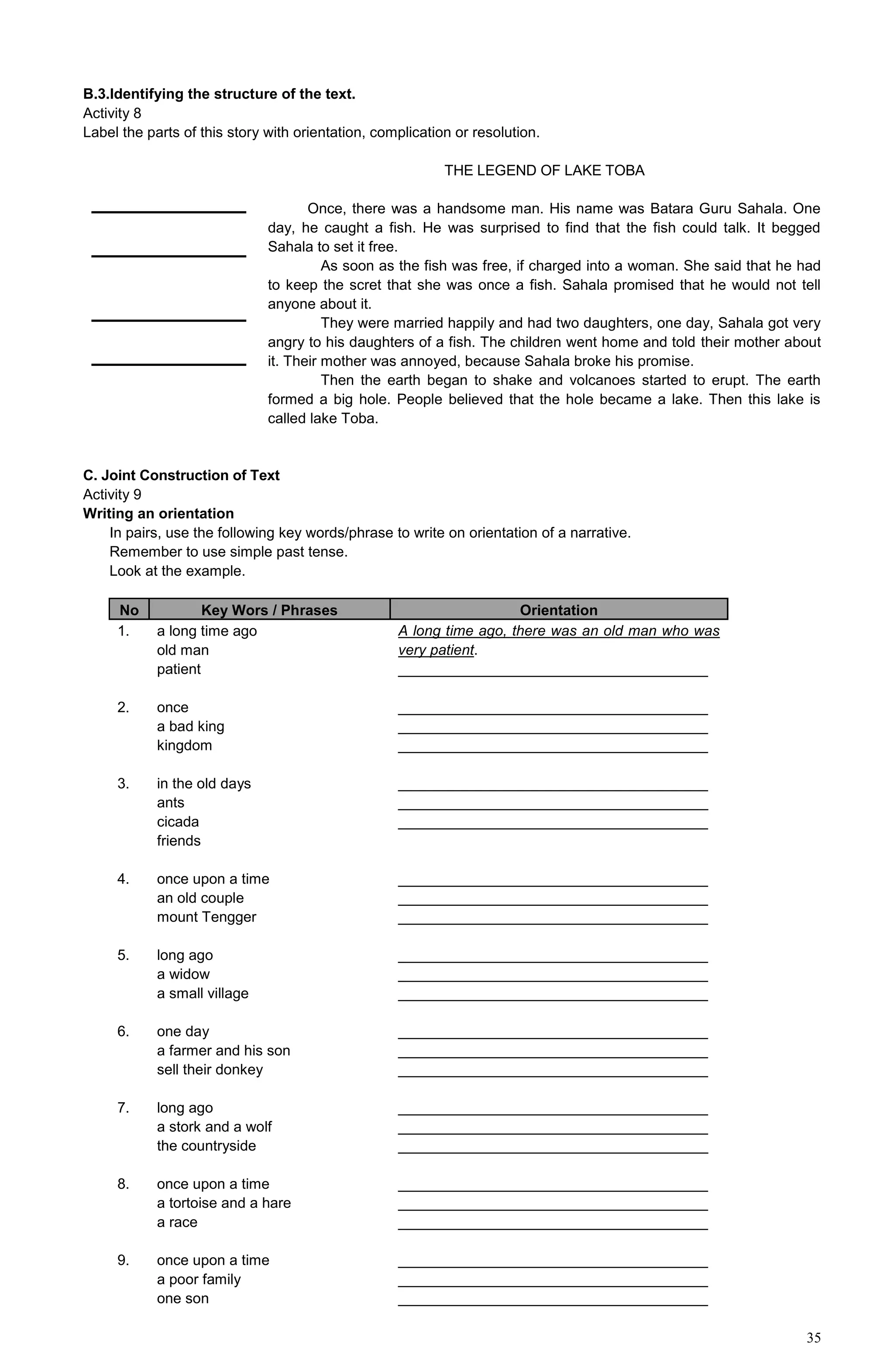 35
B.3.Identifying the structure of the text.
Activity 8
Label the parts of this story with orientation, complication or resolution.
THE LEGEND OF LAKE TOBA
Once, there was a handsome man. His name was Batara Guru Sahala. One
day, he caught a fish. He was surprised to find that the fish could talk. It begged
Sahala to set it free.
As soon as the fish was free, if charged into a woman. She said that he had
to keep the scret that she was once a fish. Sahala promised that he would not tell
anyone about it.
They were married happily and had two daughters, one day, Sahala got very
angry to his daughters of a fish. The children went home and told their mother about
it. Their mother was annoyed, because Sahala broke his promise.
Then the earth began to shake and volcanoes started to erupt. The earth
formed a big hole. People believed that the hole became a lake. Then this lake is
called lake Toba.
C. Joint Construction of Text
Activity 9
Writing an orientation
In pairs, use the following key words/phrase to write on orientation of a narrative.
Remember to use simple past tense.
Look at the example.
No Key Wors / Phrases Orientation
1.
2.
3.
4.
5.
6.
7.
8.
9.
a long time ago
old man
patient
once
a bad king
kingdom
in the old days
ants
cicada
friends
once upon a time
an old couple
mount Tengger
long ago
a widow
a small village
one day
a farmer and his son
sell their donkey
long ago
a stork and a wolf
the countryside
once upon a time
a tortoise and a hare
a race
once upon a time
a poor family
one son
A long time ago, there was an old man who was
very patient.
______________________________________
______________________________________
______________________________________
______________________________________
______________________________________
______________________________________
______________________________________
______________________________________
______________________________________
______________________________________
______________________________________
______________________________________
______________________________________
______________________________________
______________________________________
______________________________________
______________________________________
______________________________________
______________________________________
______________________________________
______________________________________
______________________________________
______________________________________
______________________________________
______________________________________
 