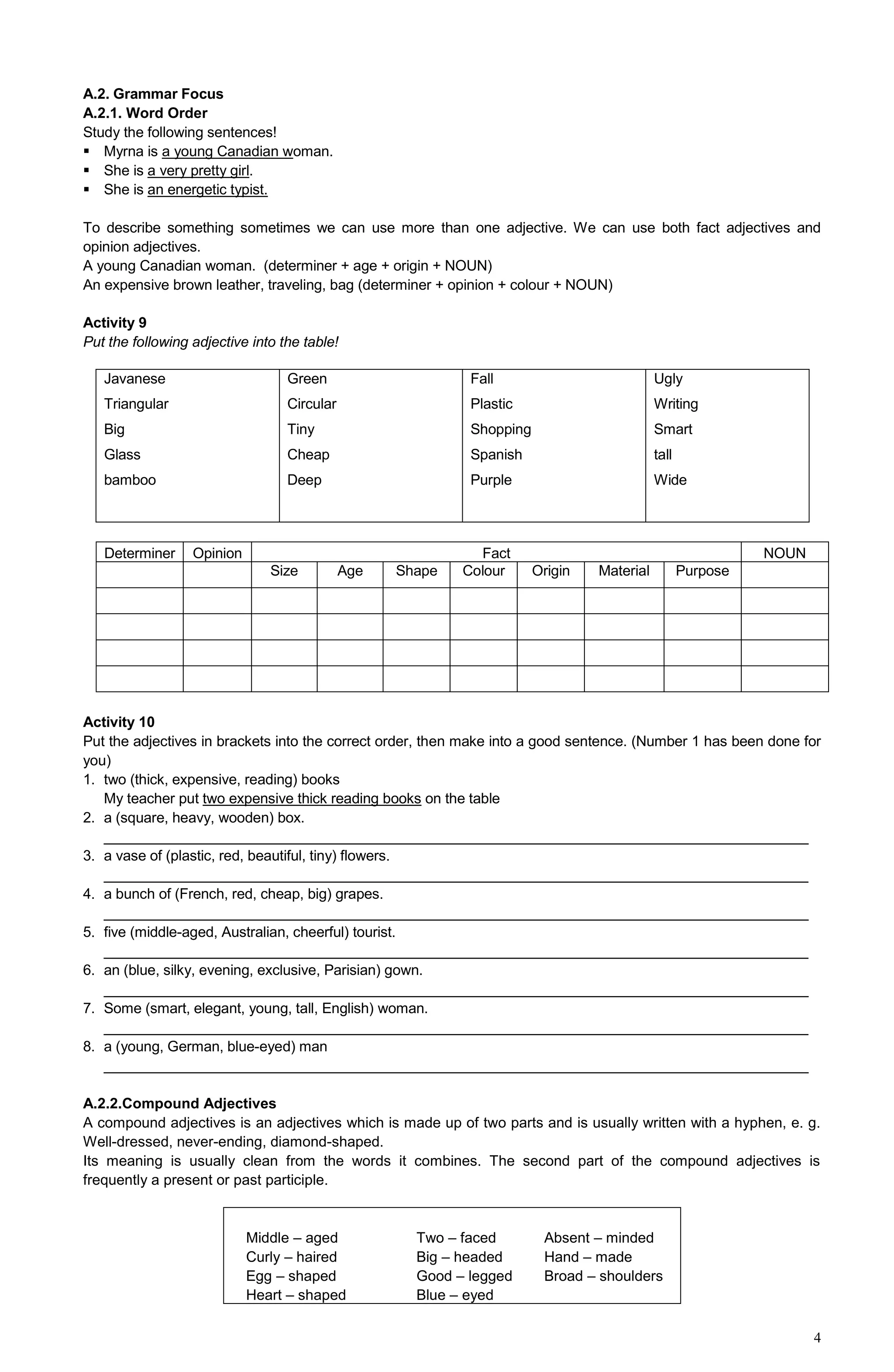 4
A.2. Grammar Focus
A.2.1. Word Order
Study the following sentences!
 Myrna is a young Canadian woman.
 She is a very pretty girl.
 She is an energetic typist.
To describe something sometimes we can use more than one adjective. We can use both fact adjectives and
opinion adjectives.
A young Canadian woman. (determiner + age + origin + NOUN)
An expensive brown leather, traveling, bag (determiner + opinion + colour + NOUN)
Activity 9
Put the following adjective into the table!
Javanese
Triangular
Big
Glass
bamboo
Green
Circular
Tiny
Cheap
Deep
Fall
Plastic
Shopping
Spanish
Purple
Ugly
Writing
Smart
tall
Wide
Determiner Opinion Fact NOUN
Size Age Shape Colour Origin Material Purpose
Activity 10
Put the adjectives in brackets into the correct order, then make into a good sentence. (Number 1 has been done for
you)
1. two (thick, expensive, reading) books
My teacher put two expensive thick reading books on the table
2. a (square, heavy, wooden) box.
________________________________________________________________________________________
3. a vase of (plastic, red, beautiful, tiny) flowers.
________________________________________________________________________________________
4. a bunch of (French, red, cheap, big) grapes.
________________________________________________________________________________________
5. five (middle-aged, Australian, cheerful) tourist.
________________________________________________________________________________________
6. an (blue, silky, evening, exclusive, Parisian) gown.
________________________________________________________________________________________
7. Some (smart, elegant, young, tall, English) woman.
________________________________________________________________________________________
8. a (young, German, blue-eyed) man
________________________________________________________________________________________
A.2.2.Compound Adjectives
A compound adjectives is an adjectives which is made up of two parts and is usually written with a hyphen, e. g.
Well-dressed, never-ending, diamond-shaped.
Its meaning is usually clean from the words it combines. The second part of the compound adjectives is
frequently a present or past participle.
Middle – aged Two – faced Absent – minded
Curly – haired Big – headed Hand – made
Egg – shaped Good – legged Broad – shoulders
Heart – shaped Blue – eyed
 