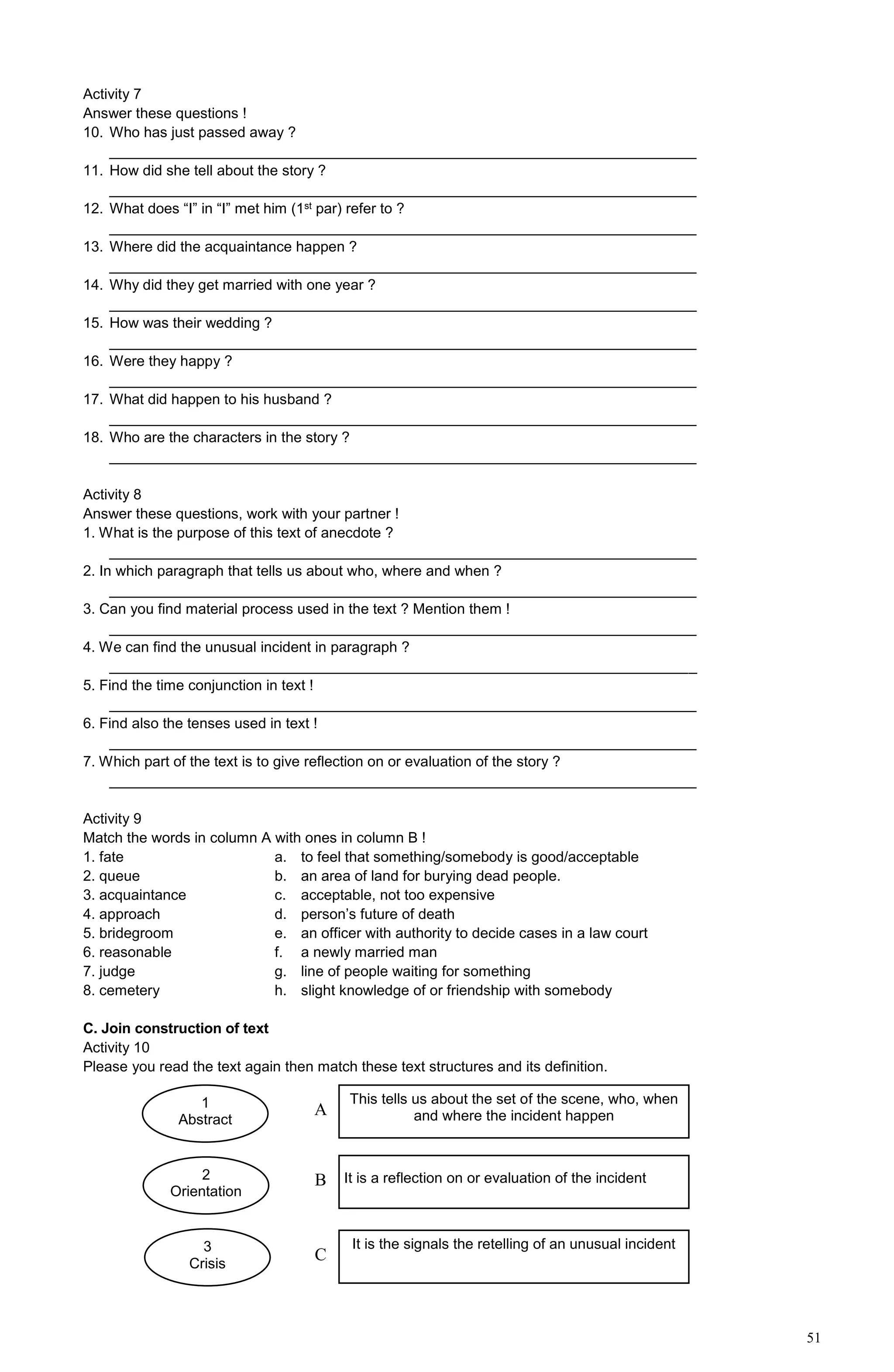 51
Activity 7
Answer these questions !
10. Who has just passed away ?
________________________________________________________________________
11. How did she tell about the story ?
________________________________________________________________________
12. What does “I” in “I” met him (1st par) refer to ?
________________________________________________________________________
13. Where did the acquaintance happen ?
________________________________________________________________________
14. Why did they get married with one year ?
________________________________________________________________________
15. How was their wedding ?
________________________________________________________________________
16. Were they happy ?
________________________________________________________________________
17. What did happen to his husband ?
________________________________________________________________________
18. Who are the characters in the story ?
________________________________________________________________________
Activity 8
Answer these questions, work with your partner !
1. What is the purpose of this text of anecdote ?
________________________________________________________________________
2. In which paragraph that tells us about who, where and when ?
________________________________________________________________________
3. Can you find material process used in the text ? Mention them !
________________________________________________________________________
4. We can find the unusual incident in paragraph ?
________________________________________________________________________
5. Find the time conjunction in text !
________________________________________________________________________
6. Find also the tenses used in text !
________________________________________________________________________
7. Which part of the text is to give reflection on or evaluation of the story ?
________________________________________________________________________
Activity 9
Match the words in column A with ones in column B !
1. fate a. to feel that something/somebody is good/acceptable
2. queue b. an area of land for burying dead people.
3. acquaintance c. acceptable, not too expensive
4. approach d. person’s future of death
5. bridegroom e. an officer with authority to decide cases in a law court
6. reasonable f. a newly married man
7. judge g. line of people waiting for something
8. cemetery h. slight knowledge of or friendship with somebody
C. Join construction of text
Activity 10
Please you read the text again then match these text structures and its definition.
1
Abstract
2
Orientation
3
Crisis
A
This tells us about the set of the scene, who, when
and where the incident happen
B It is a reflection on or evaluation of the incident
C
It is the signals the retelling of an unusual incident
 