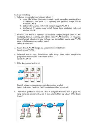 Soal-soal refreshing
1. Sebutkan beberapa karkateristik dari VLAN 1!
a. pesan CDP (Cisco Discovery Protocol – untuk meneukan peralatan Cisco
di sekitarnya) dan pesan STP (spanning tree protocol) hanya dikirim
melalui VLAN 1
b. pada awalnya, semua port switch menjadi anggota VLAN 1
c. konfigurasi IP address pada switch hanya dapat dilakukan pada port
anggota VLAN 1
2. Switch-A dan Switch-B keduanya dikonfigurasi dengan port-port untuk VLAN
marketing, Sales, Accounting, dan Admin. Setiap VLAN memiliki 12 pengguna.
Berapa banyak subnetwork yang berbeda yang dibutuhkan supaya antar VLAN
dapat berhubungan menggunakan router?
Jawab: 4 subnetwork.
3. Secara default, VLAN berapa saja yang memiliki mode trunk?
Jawab: semua VLAN.
4. Informasi apakah yang ditambahkan pada setiap frame untuk mengijinkan
pengiriman frame melalui switch mode trunk?
Jawab: VLAN ID
5. Diberikan gambar berikut ini.
Buatlah satu pernyataan yang menjelaskan gambar tersebut.
Jawab: link antara Fa0/1 dan Fa0/2 harus dibuat dalam mode trunk.
6. Perhatikan gambar di bawah ini. Host A mengirim frame ke host B. pada link
yang mana saja antara host A dan B akan ditambahkan tag VLAN ID ke dalam
frame?
 