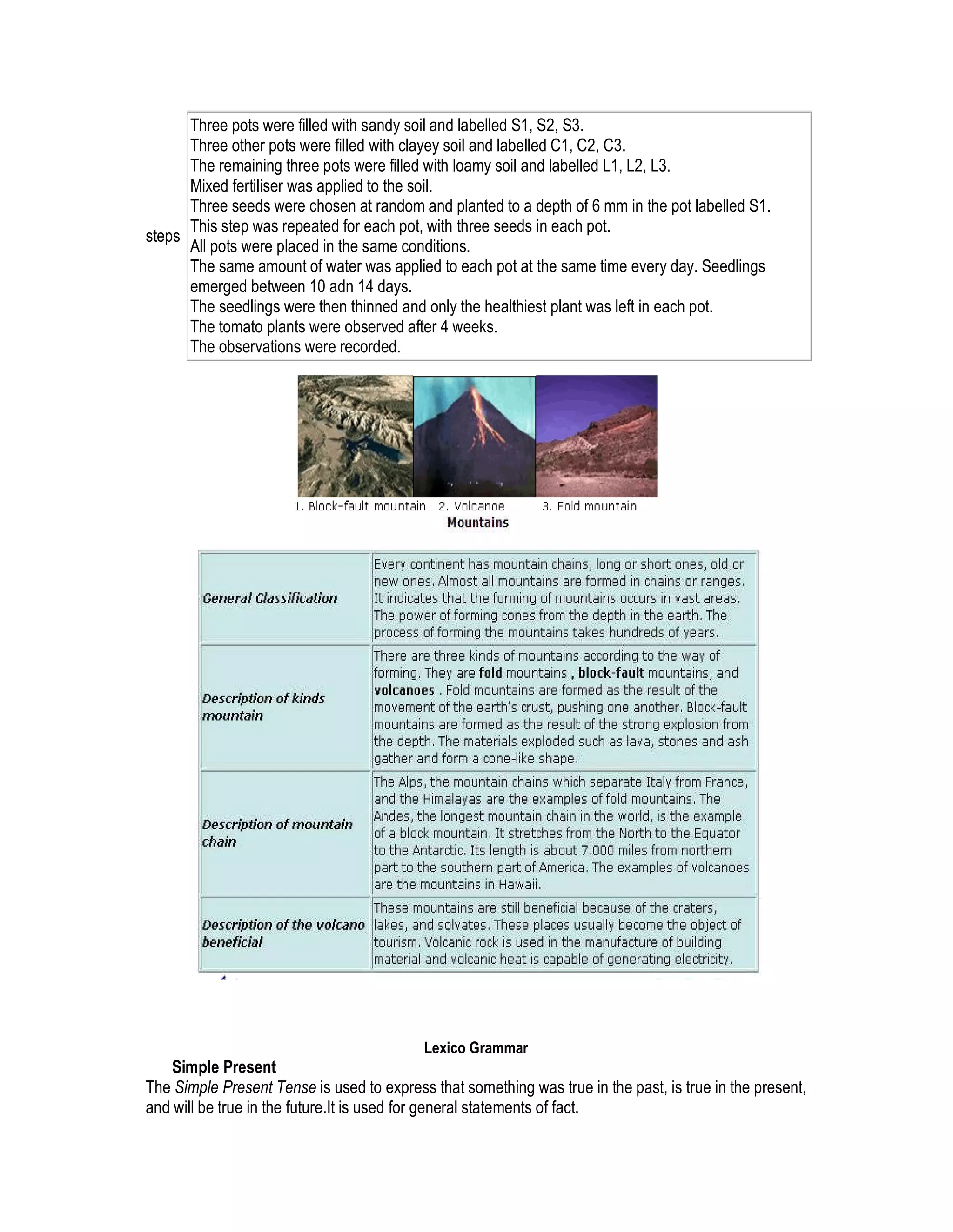 Three pots were filled with sandy soil and labelled S1, S2, S3.
      Three other pots were filled with clayey soil and labelled C1, C2, C3.
      The remaining three pots were filled with loamy soil and labelled L1, L2, L3.
      Mixed fertiliser was applied to the soil.
      Three seeds were chosen at random and planted to a depth of 6 mm in the pot labelled S1.
      This step was repeated for each pot, with three seeds in each pot.
steps
      All pots were placed in the same conditions.
      The same amount of water was applied to each pot at the same time every day. Seedlings
      emerged between 10 adn 14 days.
      The seedlings were then thinned and only the healthiest plant was left in each pot.
      The tomato plants were observed after 4 weeks.
      The observations were recorded.




                                           Lexico Grammar
    Simple Present
The Simple Present Tense is used to express that something was true in the past, is true in the present,
and will be true in the future.It is used for general statements of fact.
 