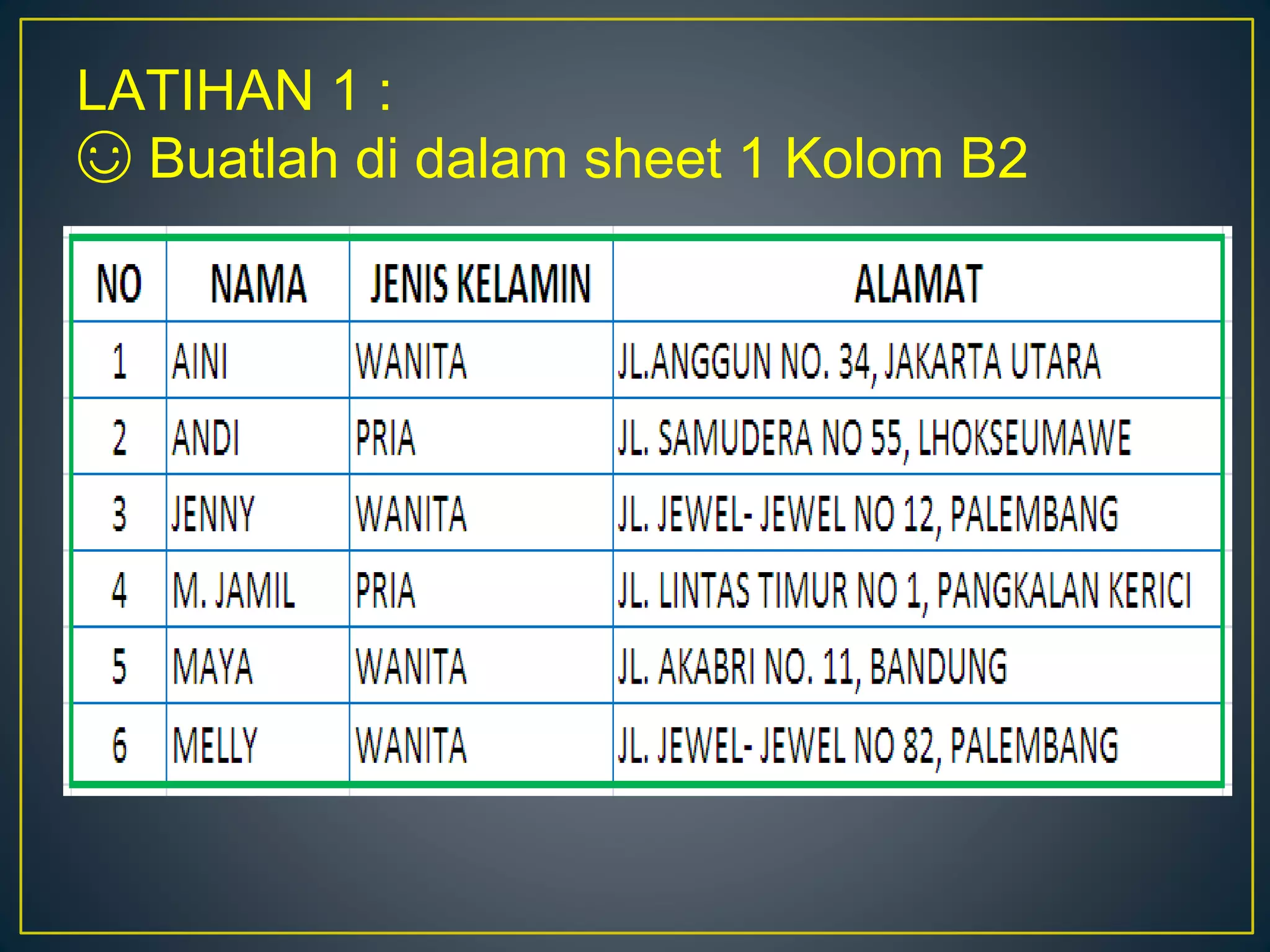 LATIHAN 1 :
☺ Buatlah di dalam sheet 1 Kolom B2
 