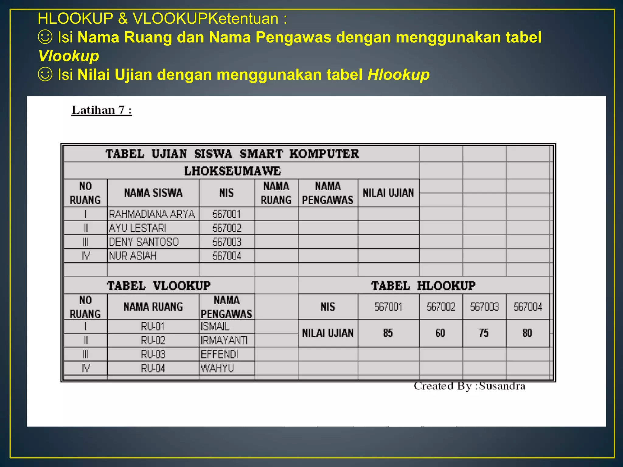 HLOOKUP & VLOOKUPKetentuan :
☺ Isi Nama Ruang dan Nama Pengawas dengan menggunakan tabel
Vlookup
☺ Isi Nilai Ujian dengan menggunakan tabel Hlookup
 