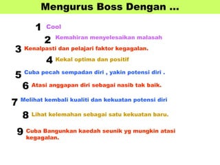 Mengurus Boss Dengan …
Kemahiran menyelesaikan malasah
Cool
Kekal optima dan positif
Cuba pecah sempadan diri , yakin potensi diri .
Atasi anggapan diri sebagai nasib tak baik.
Melihat kembali kualiti dan kekuatan potensi diri
Cuba Bangunkan kaedah seunik yg mungkin atasi
kegagalan.
Kenalpasti dan pelajari faktor kegagalan.
Lihat kelemahan sebagai satu kekuatan baru.
1
2
3
4
5
6
7
8
9
 