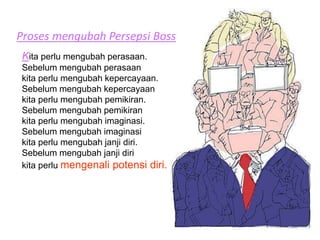 26
Kita perlu mengubah perasaan.
Sebelum mengubah perasaan
kita perlu mengubah kepercayaan.
Sebelum mengubah kepercayaan
kita perlu mengubah pemikiran.
Sebelum mengubah pemikiran
kita perlu mengubah imaginasi.
Sebelum mengubah imaginasi
kita perlu mengubah janji diri.
Sebelum mengubah janji diri
kita perlu mengenali potensi diri.
Proses mengubah Persepsi Boss
 