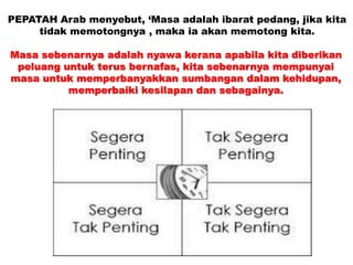 PEPATAH Arab menyebut, ‘Masa adalah ibarat pedang, jika kita
tidak memotongnya , maka ia akan memotong kita.
Masa sebenarnya adalah nyawa kerana apabila kita diberikan
peluang untuk terus bernafas, kita sebenarnya mempunyai
masa untuk memperbanyakkan sumbangan dalam kehidupan,
memperbaiki kesilapan dan sebagainya.
 