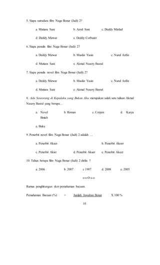 5. Siapa sutradara film Naga Bonar (Jadi) 2?
a. Mutiara Sani b. Asrul Sani c. Deddy Mirdad
d. Deddy Mizwar e. Deddy Corbuzer
6. Siapa penulis film Naga Bonar (Jadi) 2?
a. Deddy Mizwar b. Musfar Yasin c. Nurul Arifin
d. Mutiara Sani e. Akmal Nasery Basral
7. Siapa penulis novel film Naga Bonar (Jadi) 2?
a. Deddy Mizwar b. Musfar Yasin c. Nurul Arifin
d. Mutiara Sani e. Akmal Nasery Basral
8. Ada Seseorang di Kepalaku yang Bukan Aku merupakan salah satu tulisan Akmal
Nasery Basral yang berupa…
a. Novel b. Roman c. Cerpen d. Karya
Ilmiah
e. Buku
9. Penerbit novel film Naga Bonar (Jadi) 2 adalah …
a. Penerbit Akaer b. Penerbit Akoer
c. Penerbit Akier d. Penerbit Akuer e. Penerbit Akeer
10. Tahun berapa film Naga Bonar (Jadi) 2 dirilis ?
a. 2006 b. 2007 c 1987 d. 2008 e. 2005
o o O o o
Rumus penghitungan skor pemahaman bacaan:
Pemahaman Bacaan (%) = Jumlah Jawaban Benar X 100 %
10
 