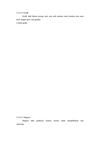 2.2.4.2.2 Grafik
Grafik ialah lukisan pasang surut atau naik turunnya suatu keadaan atau suatu
hasil dengan garis atau gambar.
Contoh grafik:
2.2.4.2.3 Diagram
Diagram ialah gambaran (buram, sketsa) untuk mempelihatkan atau
menerang
 