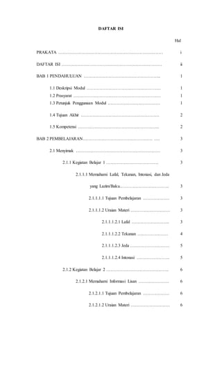 DAFTAR ISI
Hal
PRAKATA ……………………………………………………………… i
DAFTAR ISI …………………………………………………………… ii
BAB 1 PENDAHULUAN …………………………………………….. 1
1.1 Deskripsi Modul …………………………………………… 1
1.2 Prasyarat …………………………………………………… 1
1.3 Petunjuk Penggunaan Modul ……………………………… 1
1.4 Tujuan Akhir ……………………………………………… 2
1.5 Kompetensi ……………………………………………….. 2
BAB 2 PEMBELAJARAN………………………………………… …. 3
2.1 Menyimak …………………………………………………. 3
2.1.1 Kegiatan Belajar 1 ……………………………… 3
2.1.1.1 Memahami Lafal, Tekanan, Intonasi, dan Jeda
yang Lazim/Baku……………………………. 3
2.1.1.1.1 Tujuan Pembelajaran ……………… 3
2.1.1.1.2 Uraian Materi ……………………… 3
2.1.1.1.2.1 Lafal …………………….. 3
2.1.1.1.2.2 Tekanan ………………… 4
2.1.1.1.2.3 Jeda ……………………… 5
2.1.1.1.2.4 Intonasi ………………….. 5
2.1.2 Kegiatan Belajar 2 ……………………………………. 6
2.1.2.1 Memahami Informasi Lisan ………………… 6
2.1.2.1.1 Tujuan Pembelajaran ……………… 6
2.1.2.1.2 Uraian Materi ……………………… 6
 