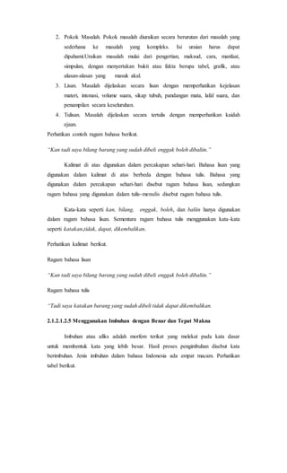 2. Pokok Masalah. Pokok masalah diuraikan secara berurutan dari masalah yang
sederhana ke masalah yang kompleks. Isi uraian harus dapat
dipahami.Uraikan masalah mulai dari pengertian, maksud, cara, manfaat,
simpulan, dengan menyertakan bukti atau fakta berupa tabel, grafik, atau
alasan-alasan yang masuk akal.
3. Lisan. Masalah dijelaskan secara lisan dengan memperhatikan kejelasan
materi, intonasi, volume suara, sikap tubuh, pandangan mata, lafal suara, dan
penampilan secara keseluruhan.
4. Tulisan. Masalah dijelaskan secara tertulis dengan memperhatikan kaidah
ejaan.
Perhatikan contoh ragam bahasa berikut.
“Kan tadi saya bilang barang yang sudah dibeli enggak boleh dibaliin.”
Kalimat di atas digunakan dalam percakapan sehari-hari. Bahasa lisan yang
digunakan dalam kalimat di atas berbeda dengan bahasa tulis. Bahasa yang
digunakan dalam percakapan sehari-hari disebut ragam bahasa lisan, sedangkan
ragam bahasa yang digunakan dalam tulis-menulis disebut ragam bahasa tulis.
Kata-kata seperti kan, bilang, enggak, boleh, dan baliin hanya digunakan
dalam ragam bahasa lisan. Sementara ragam bahasa tulis menggunakan kata-kata
seperti katakan,tidak, dapat, dikembalikan.
Perhatikan kalimat berikut.
Ragam bahasa lisan
“Kan tadi saya bilang barang yang sudah dibeli enggak boleh dibaliin.”
Ragam bahasa tulis
“Tadi saya katakan barang yang sudah dibeli tidak dapat dikembalikan.
2.1.2.1.2.5 Menggunakan Imbuhan dengan Benar dan Tepat Makna
Imbuhan atau afiks adalah morfem terikat yang melekat pada kata dasar
untuk membentuk kata yang lebih besar. Hasil proses pengimbuhan disebut kata
berimbuhan. Jenis imbuhan dalam bahasa Indonesia ada empat macam. Perhatikan
tabel berikut.
 