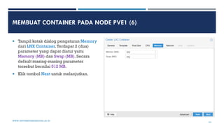 MEMBUAT CONTAINER PADA NODE PVE1 (6)
 Tampil kotak dialog pengaturan Memory
dari LNX Container.Terdapat 2 (dua)
parameter...