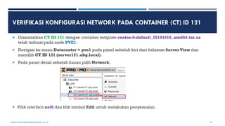 VERIFIKASI KONFIGURASI NETWORK PADA CONTAINER (CT) ID 121
 Diasumsikan CT ID 121 dengan container template centos-8-defau...