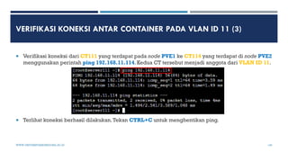 VERIFIKASI KONEKSI ANTAR CONTAINER PADA VLAN ID 11 (3)
 Verifikasi koneksi dari CT111 yang terdapat pada node PVE1 ke CT1...