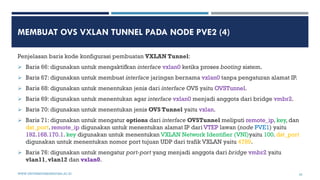 MEMBUAT OVS VXLAN TUNNEL PADA NODE PVE2 (4)
Penjelasan baris kode konfigurasi pembuatan VXLAN Tunnel:
 Baris 66: digunaka...