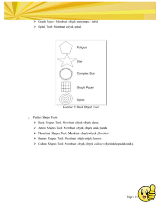 Page | 11
 Graph Paper : Membuat obyek menyerupai tabel.
 Spiral Tool: Membuat obyek spiral.
Gambar 9. Hasil Object Tool
j. Perfect Shape Tools
 Basic Shapes Tool: Membuat obyek-obyek dasar.
 Arrow Shapes Tool: Membuat obyek-obyek anak panah.
 Flowchart Shapes Tool: Membuat obyek-obyek flowchart.
 Banner Shapes Tool: Membuat objek-objek banner.
 Callout Shapes Tool: Membuat obyek-obyek callout (objekisitekspadakomik).
 