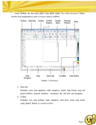 Page | 3
Untuk membuat file baru maka pilihan yang dipilih adalah “New blank document”. Pilihan
tersebut akan menghantarkan pada workspace utama CorelDraw.
Gambar 3. Workspace
a. Menu Bar
Kumpulan menu yang digunakan untuk mengakses seluruh fungsi-fungsi yang ada
pada CorelDraw, termasuk membuka – menyimpan file, efek-efek, dan sebagainya.
b. Toolbar
Kumpulan icon yang berfungsi untuk mengakses menu-menu umum yang paling
sering dipakai. Berikut isi standard toolbar :
 