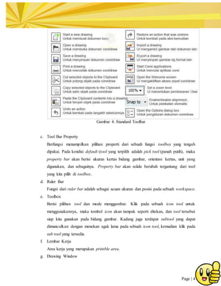 Page | 4
Gambar 4. Standard Toolbar
c. Tool Bar Property
Berfungsi menampilkan pilihan properti dari sebuah fungsi toolbox yang tengah
dipakai. Pada kondisi default (tool yang terpilih adalah pick tool (panah putih), maka
property bar akan berisi ukuran kertas bidang gambar, orientasi kertas, unit yang
digunakan, dan sebagainya. Property bar akan selalu berubah tergantung dari tool
yang kita pilih di toolbox.
d. Ruler Bar
Fungsi dari ruler bar adalah sebagai acuan ukuran dan posisi pada sebuah workspace.
e. Toolbox
Berisi pilihan tool dan mode menggambar. Klik pada sebuah icon tool untuk
menggunakannya, maka tombol icon akan tampak seperti ditekan, dan tool tersebut
siap kita gunakan pada bidang gambar. Kadang juga terdapat subtool yang dapat
dimunculkan dengan menekan agak lama pada sebuah icon tool, kemudian klik pada
sub tool yang tersedia.
f. Lembar Kerja
Area kerja yang merupakan printble area.
g. Drawing Window
 