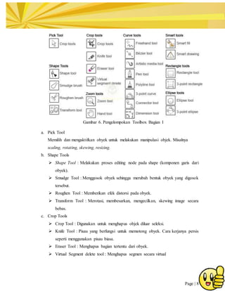 Page | 8
Gambar 6. Pengelompokan Toolbox Bagian I
a. Pick Tool
Memilih dan mengaktifkan obyek untuk melakukan manipulasi objek. Misalnya
scaling, rotating, skewing, resizing.
b. Shape Tools
 Shape Tool : Melakukan proses editing node pada shape (komponen garis dari
obyek).
 Smudge Tool : Menggosok obyek sehingga merubah bentuk obyek yang digosok
tersebut.
 Roughen Tool : Memberikan efek distorsi pada obyek.
 Transform Tool : Merotasi, membesarkan, mengecilkan, skewing image secara
bebas.
c. Crop Tools
 Crop Tool : Digunakan untuk menghapus objek diluar seleksi.
 Knife Tool : Pisau yang berfungsi untuk memotong obyek. Cara kerjanya persis
seperti menggunakan pisau biasa.
 Eraser Tool : Menghapus bagian tertentu dari obyek.
 Virtual Segment delete tool : Menghapus segmen secara virtual
 