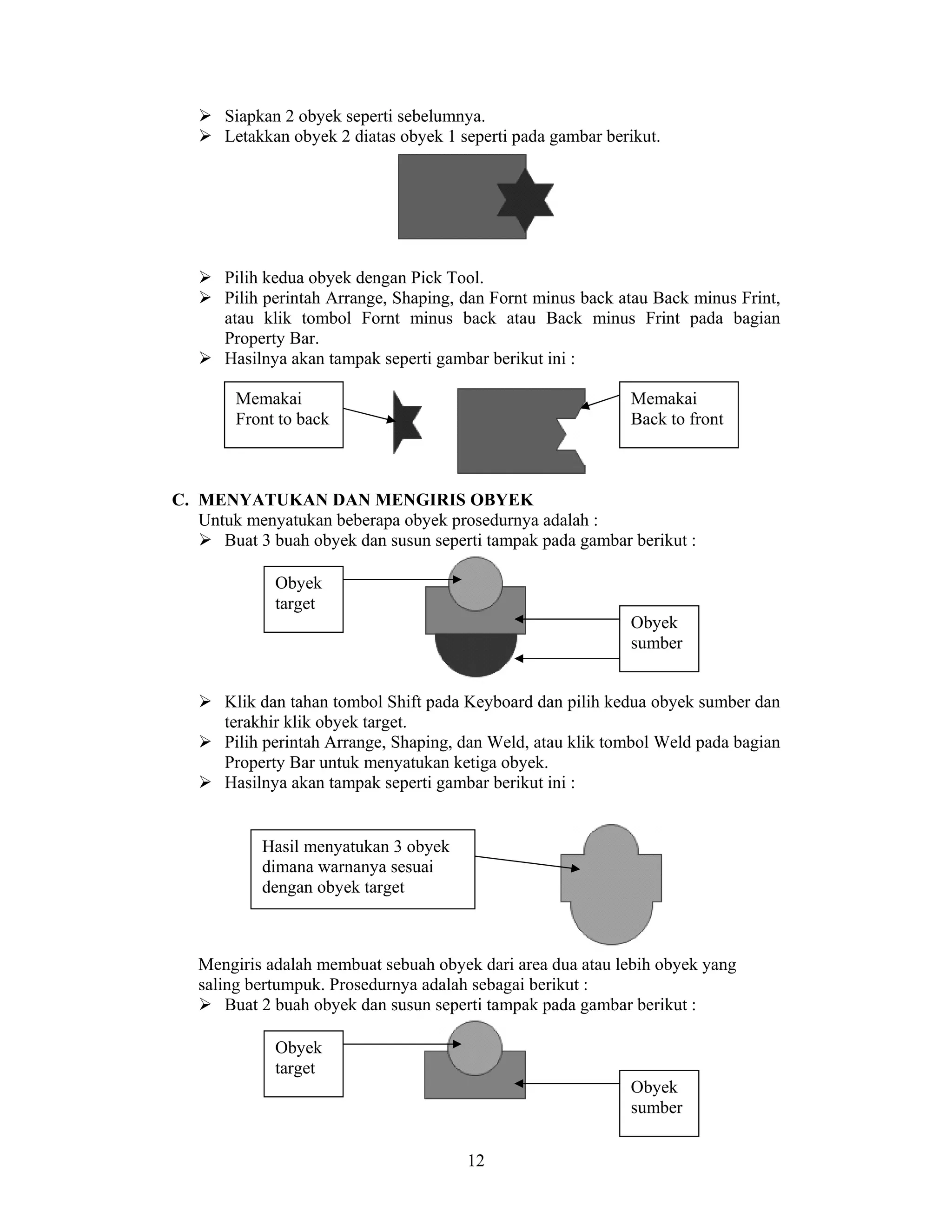 12
Siapkan 2 obyek seperti sebelumnya.
Letakkan obyek 2 diatas obyek 1 seperti pada gambar berikut.
Pilih kedua obyek dengan Pick Tool.
Pilih perintah Arrange, Shaping, dan Fornt minus back atau Back minus Frint,
atau klik tombol Fornt minus back atau Back minus Frint pada bagian
Property Bar.
Hasilnya akan tampak seperti gambar berikut ini :
C. MENYATUKAN DAN MENGIRIS OBYEK
Untuk menyatukan beberapa obyek prosedurnya adalah :
Buat 3 buah obyek dan susun seperti tampak pada gambar berikut :
Klik dan tahan tombol Shift pada Keyboard dan pilih kedua obyek sumber dan
terakhir klik obyek target.
Pilih perintah Arrange, Shaping, dan Weld, atau klik tombol Weld pada bagian
Property Bar untuk menyatukan ketiga obyek.
Hasilnya akan tampak seperti gambar berikut ini :
Mengiris adalah membuat sebuah obyek dari area dua atau lebih obyek yang
saling bertumpuk. Prosedurnya adalah sebagai berikut :
Buat 2 buah obyek dan susun seperti tampak pada gambar berikut :
Memakai
Front to back
Memakai
Back to front
Obyek
sumber
Obyek
target
Hasil menyatukan 3 obyek
dimana warnanya sesuai
dengan obyek target
Obyek
sumber
Obyek
target
 