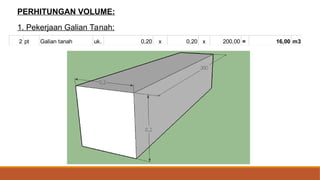 PERHITUNGAN VOLUME:
2 pt Galian tanah uk. 0,20 x 0,20 x 200,00 = 16,00 m3
1. Pekerjaan Galian Tanah:
 