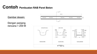 Contoh Pembuatan RAB Paret Beton
Gambar desain:
Dengan panjang
rencana = 200 M
 