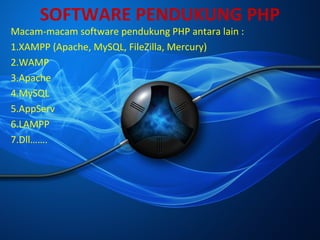 SOFTWARE PENDUKUNG PHP

Macam-macam software pendukung PHP antara lain :
1.XAMPP (Apache, MySQL, FileZilla, Mercury)
2.WAMP
3.Apache
4.MySQL
5.AppServ
6.LAMPP
7.Dll…….

 