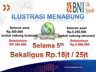 Setoran awal             Setoran awal
   Rp.550.000                 Rp.5.250.000
(untuk nabung bulanan)   (untuk nabung tahunan)
    Selanjutnya                   Selanjutnya
    RP.300.000                    Rp.5.000.000




                            www.themegallery.com
 