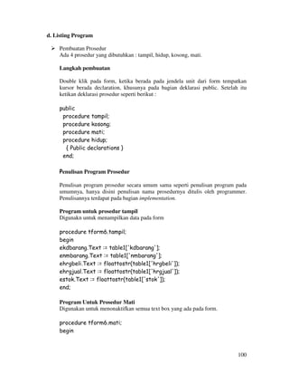 100
d. Listing Program
Pembuatan Prosedur
Ada 4 prosedur yang dibutuhkan : tampil, hidup, kosong, mati.
Langkah pembuatan
Double klik pada form, ketika berada pada jendela unit dari form tempatkan
kursor berada declaration, khusunya pada bagian deklarasi public. Setelah itu
ketikan deklarasi prosedur seperti berikut :
public
procedure tampil;
procedure kosong;
procedure mati;
procedure hidup;
{ Public declarations }
end;
Penulisan Program Prosedur
Penulisan program prosedur secara umum sama seperti penulisan program pada
umumnya, hanya disini penulisan nama prosedurnya ditulis oleh programmer.
Penulisannya terdapat pada bagian implementation.
Program untuk prosedur tampil
Digunakn untuk menampilkan data pada form
procedure tform6.tampil;
begin
ekdbarang.Text := table1['kdbarang'];
enmbarang.Text := table1['nmbarang'];
ehrgbeli.Text := floattostr(table1['hrgbeli']);
ehrgjual.Text := floattostr(table1['hrgjual']);
estok.Text := floattostr(table1['stok']);
end;
Program Untuk Prosedur Mati
Digunakan untuk menonaktifkan semua text box yang ada pada form.
procedure tform6.mati;
begin
 